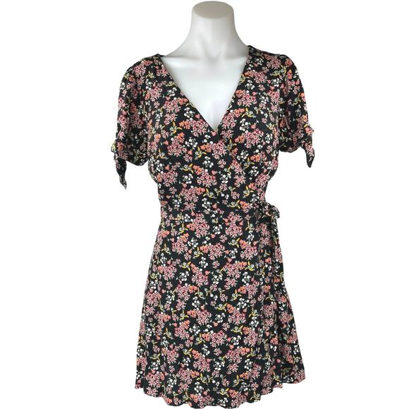 Ann Taylor LOFT Black Multicolor Floral Shorts Sleeve Mini Wrap Dress Size 8 - Picture 1 of 5